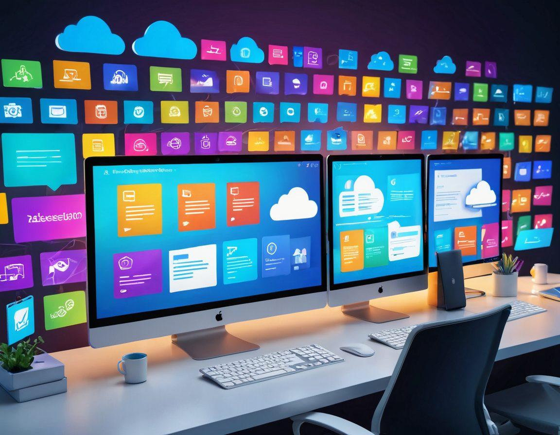An organized digital workspace showcasing a glowing computer screen with files sorted into colorful folders, a diverse group of professionals collaborating via video call on the side, and icons of cloud storage and file sharing floating above. The atmosphere is bright and modern, emphasizing efficiency and teamwork. vibrant colors. 3D.
