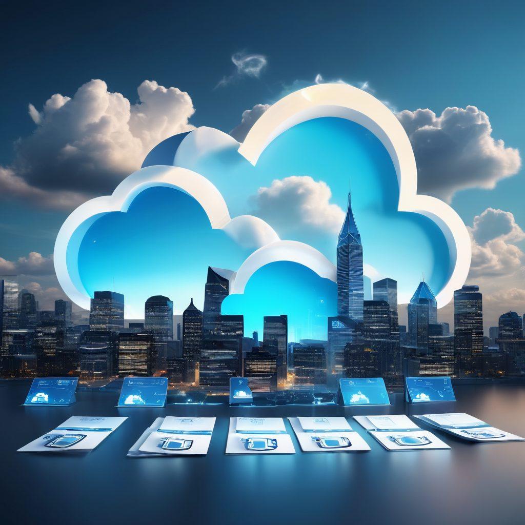 A visually striking cloud filled with glowing files and folder icons, representing secure cloud storage. In the background, a futuristic city skyline symbolizes technological advancement and efficiency. A key unlocking the cloud, emphasizing security and access. Bright blue and white tones create a clean and modern aesthetic. digital art. vibrant colors. 3D.