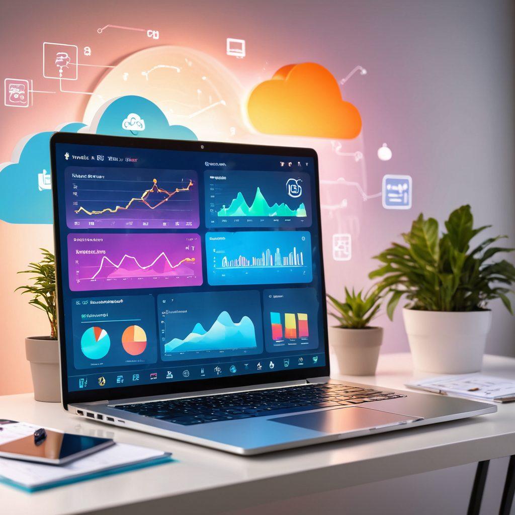 A sleek digital workspace featuring a laptop with vibrant graphs and charts on the screen, surrounded by cloud icons and secure file sharing symbols. Include a person focused on their work, with a soft glow highlighting a virtual cloud storage interface. Incorporate elements that represent organization and efficiency, such as a clean desk and potted plants. ultra-modern. vibrant colors. minimalistic design.
